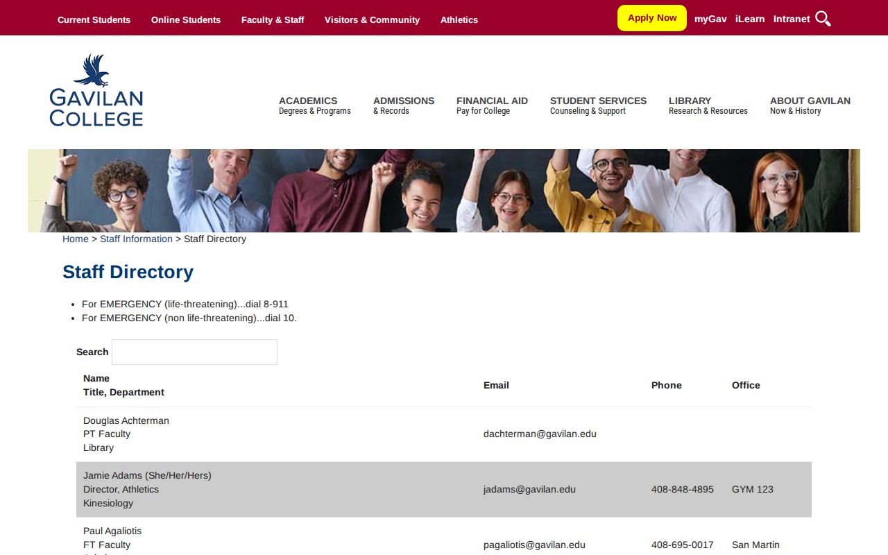 Gilroy people directories Gavilan College staff directory search page