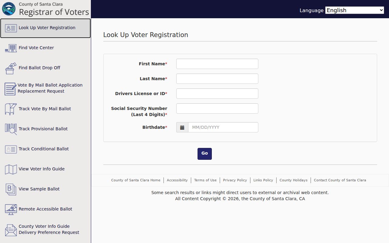 Santa Clara County lookup screen for Gilroy voter registration records