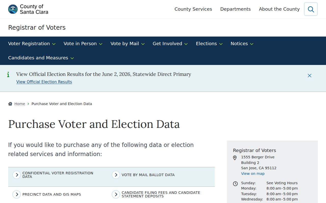 Santa Clara County data page for Gilroy voter registration records