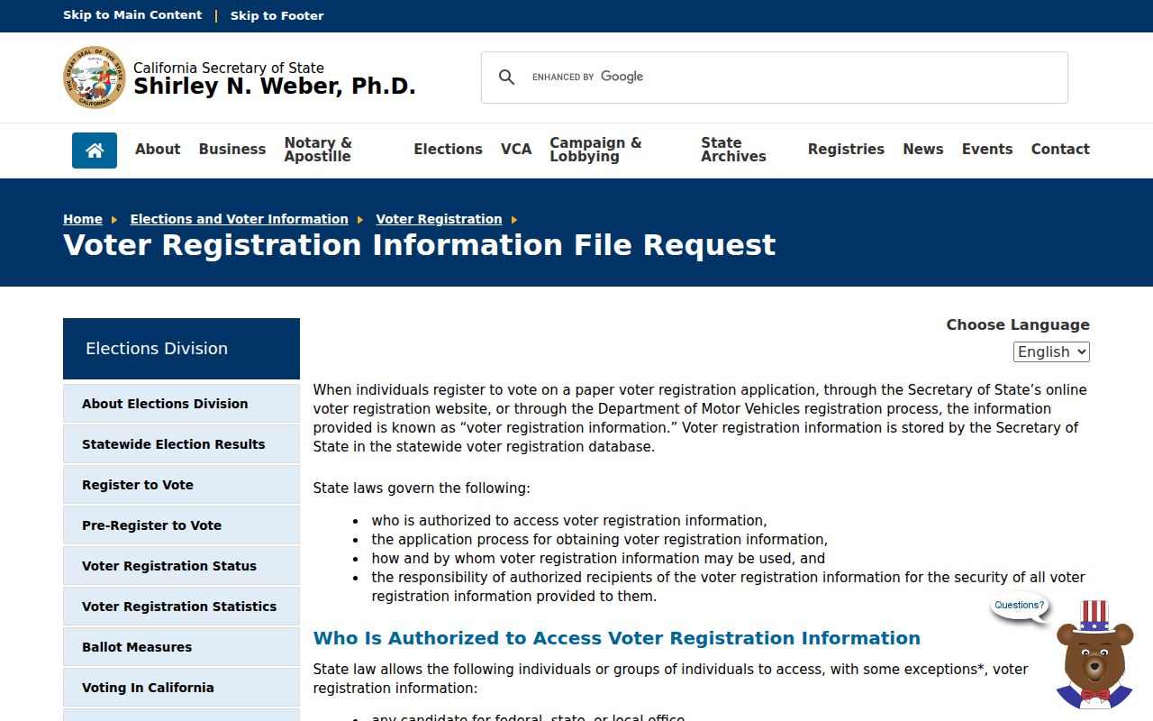 California state file request page for Gilroy voter registration records